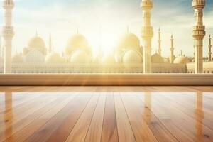 AI generated Empty beautiful wood table top counter and blur bokeh mosque in background photo