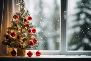 AI generated decorated Christmas tree besides window photo