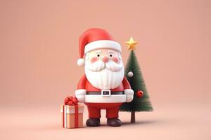 AI generated 3d rendered minimal santa clause with christmas tree and gifts on pastel background photo