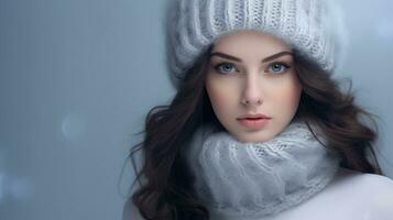 AI generated Mesmerizing woman in knitted hat and scarf, perfect for winter fashion themes. photo