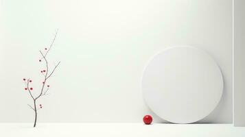 AI generated Minimalist composition with a single red berry branch and a sphere on a white shelf, evoking modern simplicity. photo