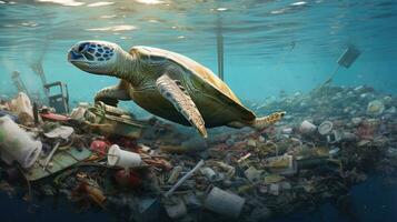 AI generated Sea turtle gliding over ocean bed littered with plastic, a stark reminder of marine pollution's impact on wildlife. photo