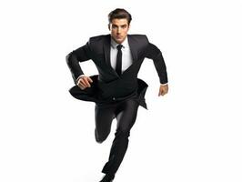 AI generated Dynamic businessman in a sharp black suit sprinting, an embodiment of urgency and corporate haste. photo