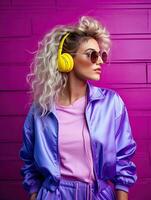 ai generado estilo mujer en lentes y un Años 80 neón color chandal con auriculares en el Violeta pared. foto
