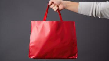 AI generated Glossy red shopping bag held by a person against a neutral background, highlighting a simplistic yet elegant design perfect for retail and fashion themes. photo