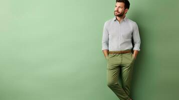 ai generado confidente hombre en verde pantalones y estampado camisa en contra un suave verde fondo, reflejando casual elegancia. foto