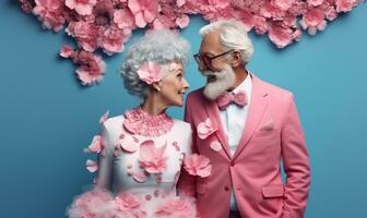 AI generated An elderly couple dressed in coordinated pastel attire, adorned with roses, exude charm and timeless elegance against a turquoise backdrop. photo