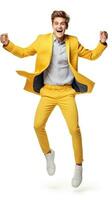 AI generated Vibrant young man in a striking yellow suit mid-leap, exuding joy and confidence with a beaming smile. photo