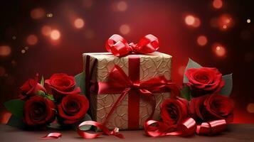 AI generated An opulent gift with a shimmering golden texture and bold red ribbon, accompanied by vibrant red roses, against a bokeh light background. photo