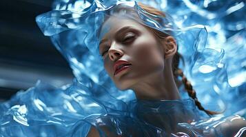 AI generated Woman in contemplative grace, with azure tendrils enveloping her in a dance of tranquility. photo