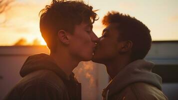 AI generated A heartfelt kiss between two young lovers at dusk, with warm sunlight casting a soft glow, perfect for illustrating young love and diversity. photo