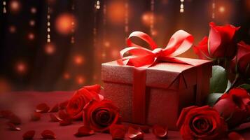 AI generated An opulent gift with a shimmering golden texture and bold red ribbon, accompanied by vibrant red roses, against a bokeh light background. photo