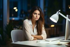 AI generated Portrait of successful and happy , office worker tired and looking at camera, working inside modern office. photo