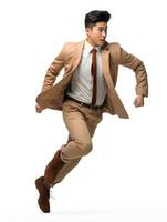 AI generated Energetic young professional in motion, wearing a beige suit, caught mid-stride in a moment of swift action. photo