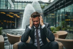 AI generated Distraught businessman seated outdoors, clutching his head in despair, with a fountain backdrop emphasizing his stress in a corporate setting. photo