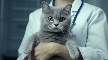 ai generado un sereno británico cabello corto gato, retenida por un veterinario en un blanco abrigo, miradas tranquilamente con sorprendentes ámbar ojos. foto