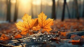 AI generated A vibrant autumn leaf glistens with raindrops, basking in the soft golden sunlight by a tranquil stream. photo