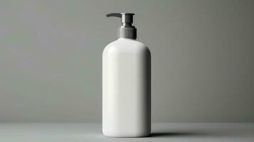 ai generado blanco blanco dispensador botella en gris, Perfecto para marca con sus pulcro, minimalista diseño. foto
