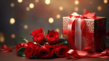 AI generated An opulent gift with a shimmering golden texture and bold red ribbon, accompanied by vibrant red roses, against a bokeh light background. photo