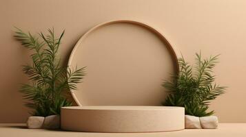 AI generated Minimalist display with lush green plants in a serene setting, complemented by a circular frame and earthy tones. photo