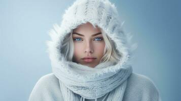 ai generado cautivador retrato de un mujer con perforación azul ojos, envuelto en un acogedor blanco de punto bufanda y capucha en contra un suave azul fondo, encarnando el esencia de invierno calor. foto