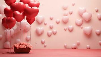 AI generated Delicate heart-shaped balloons and flowers emerge from a vase, on a soft pink backdrop, an ideal image for love-themed events and gentle expressions of affection. photo