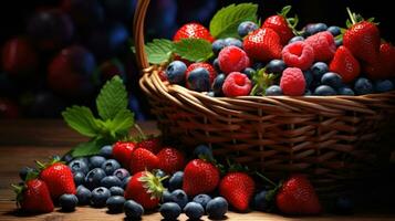 AI generated A rustic basket spills an abundance of ripe strawberries, raspberries, and blueberries, framed by soft shadows. photo