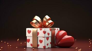 ai generado un cautivador regalo caja con corazón patrones y un lujoso dorado arco, junto a un brillante rojo corazón, ideal para San Valentín promociones y relacionado con el amor eventos. foto
