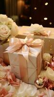 AI generated An elegant gift box adorned with a silky peach ribbon surrounded by delicate roses and festive baubles captures a warm, celebratory atmosphere. photo