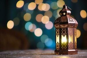 AI generated Ornamental Arabic lantern glowing for Muslim holy month Ramadan Kareem photo