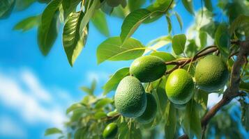 AI generated Fresh green avocados hanging from a tree against a clear blue sky, evoking a natural and healthy vibe. photo
