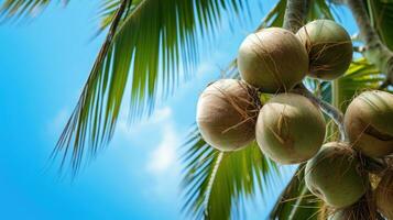 AI generated A split coconut with pure white meat inside, next to a whole coconut against a tropical backdrop with palm leaves and blue sky. photo