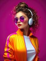 AI generated Style woman in glasses and an 80s neon color tracksuit with headphones on the violet wall. photo