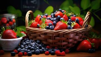 AI generated A rustic basket spills an abundance of ripe strawberries, raspberries, and blueberries, framed by soft shadows. photo