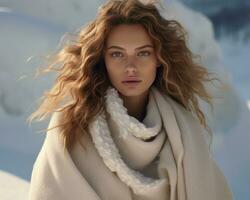 AI generated Ethereal beauty with flowing blonde hair wrapped in a cozy scarf against a snowy backdrop, embodying a winter's dream. photo