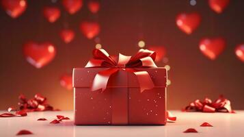 AI generated A whimsical gift box tied with a candy-striped ribbon on a pink background, with heart-shaped confetti, ideal for heartfelt celebrations. photo
