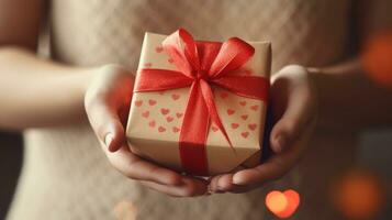 AI generated Hands presenting a heart-patterned gift box with a vibrant red ribbon, embodying a personal touch in a romantic setting. photo