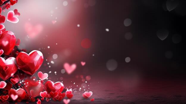 AI generated A pile of glistening red hearts against a dark background with ambient lights, symbolizing deep love and romantic mystery. photo