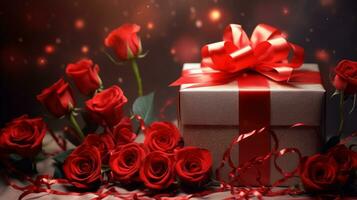 AI generated An opulent gift with a shimmering golden texture and bold red ribbon, accompanied by vibrant red roses, against a bokeh light background. photo