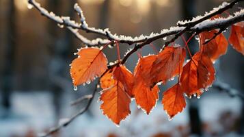 AI generated Crisp autumn leaves edged with frost, clinging to a branch against the soft light of a winter dawn. photo