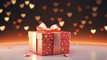 AI generated Charming gift box with heart patterns and a shiny gold ribbon, amidst a flurry of hearts on a deep red backdrop, perfect for romantic occasions. photo