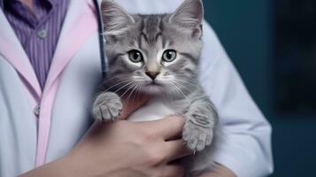 AI generated A serene British Shorthair cat, held by a veterinarian in a white coat, gazes calmly with striking amber eyes. photo