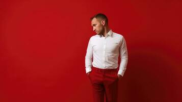 ai generado un hombre en rojo pantalones y blanco camisa soportes contemplativamente en contra un vibrante rojo fondo, exudando un sentido de introspección. foto