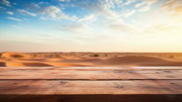 ai generado calentar amanecer terminado un sereno desierto, con un rústico de madera mesa primer plano ofrecimiento un tranquilo espacio para reflexión o producto mostrar. foto