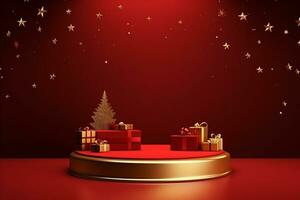 AI generated merry Christmas 3d rendered red Podium display for event photo