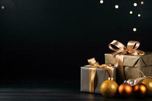 AI generated black and golden gifts boxes on black background photo