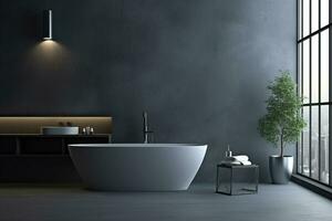 ai generado 3d prestados mínimo estilo negro tema moderno baño interior diseño con bañera foto