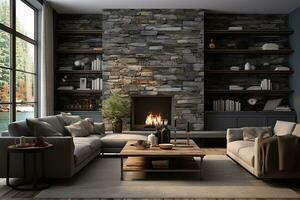 AI generated 3d rendered Minimal style Modern living room interior design with sofa and fireplace photo
