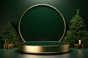 AI generated merry Christmas 3d rendered red Podium display for event photo