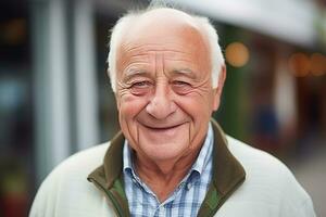 ai generado retrato de contento retirado mayor hombre en pie a hogar cerca ventana. satisfecho antiguo hombre mirando a cámara y sonriente mientras de pie. positivo y confidente mayor disfrutar su Jubilación. foto